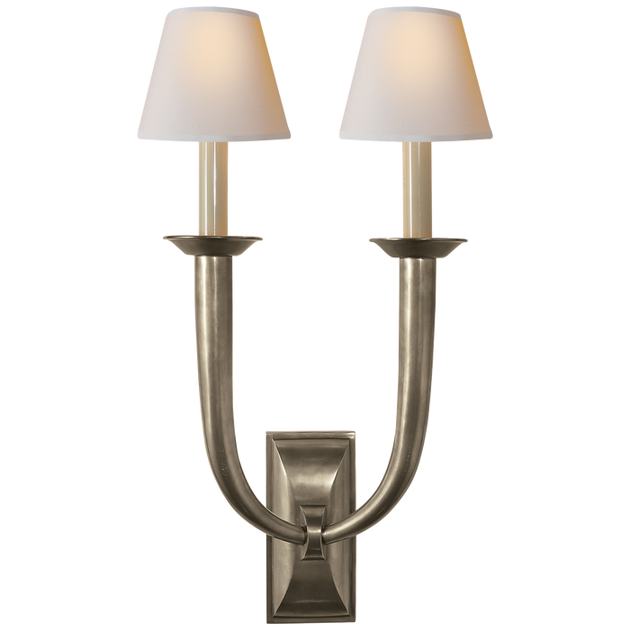 French Deco Horn Double Sconce - Antique Nickel Finish with Natural Paper Shades