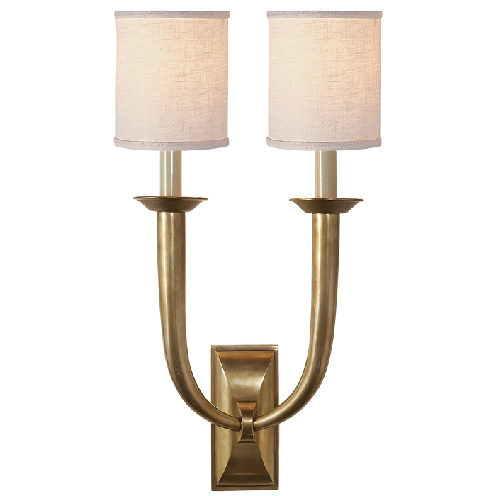 French Deco Horn Double Sconce - Hand-Rubbed Antique Brass Finish with Linen Shades