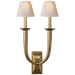 French Deco Horn Double Sconce - Hand-Rubbed Antique Brass Finish with Natural Paper Shades