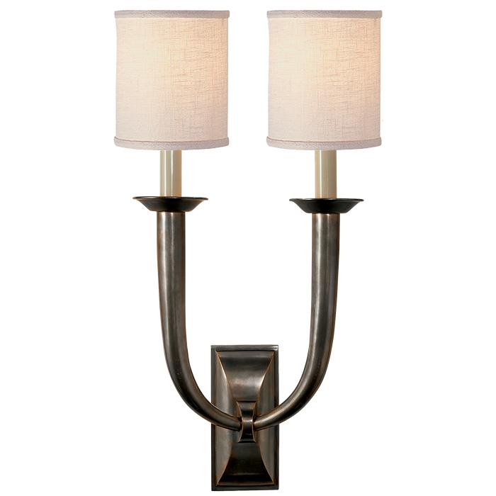 French Deco Horn Double Sconce - Bronze Finish with Linen Shades