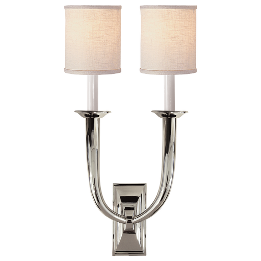 French Deco Horn Double Sconce - Polished Nickel Finish with Linen Shades