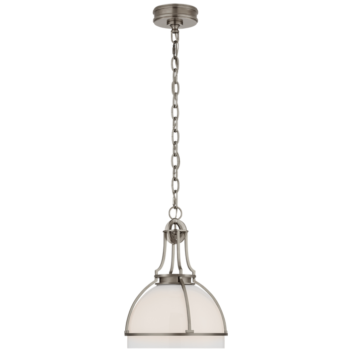 Gracie Medium Dome Pendant - Antique Nickel Finish with White Glass Shade