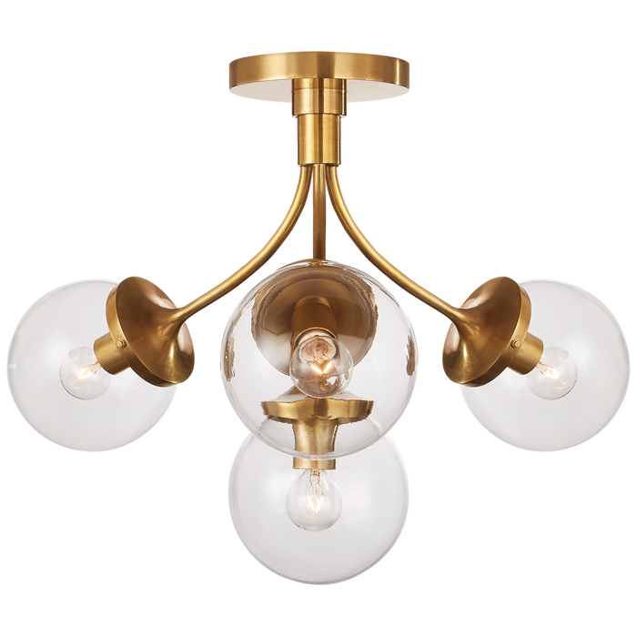Prescott Medium Semi-Flush - Soft Brass Finish with Clear Glass Globes