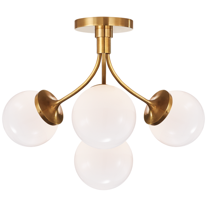 Prescott Medium Semi-Flush - Soft Brass Finish with White Glass Globes