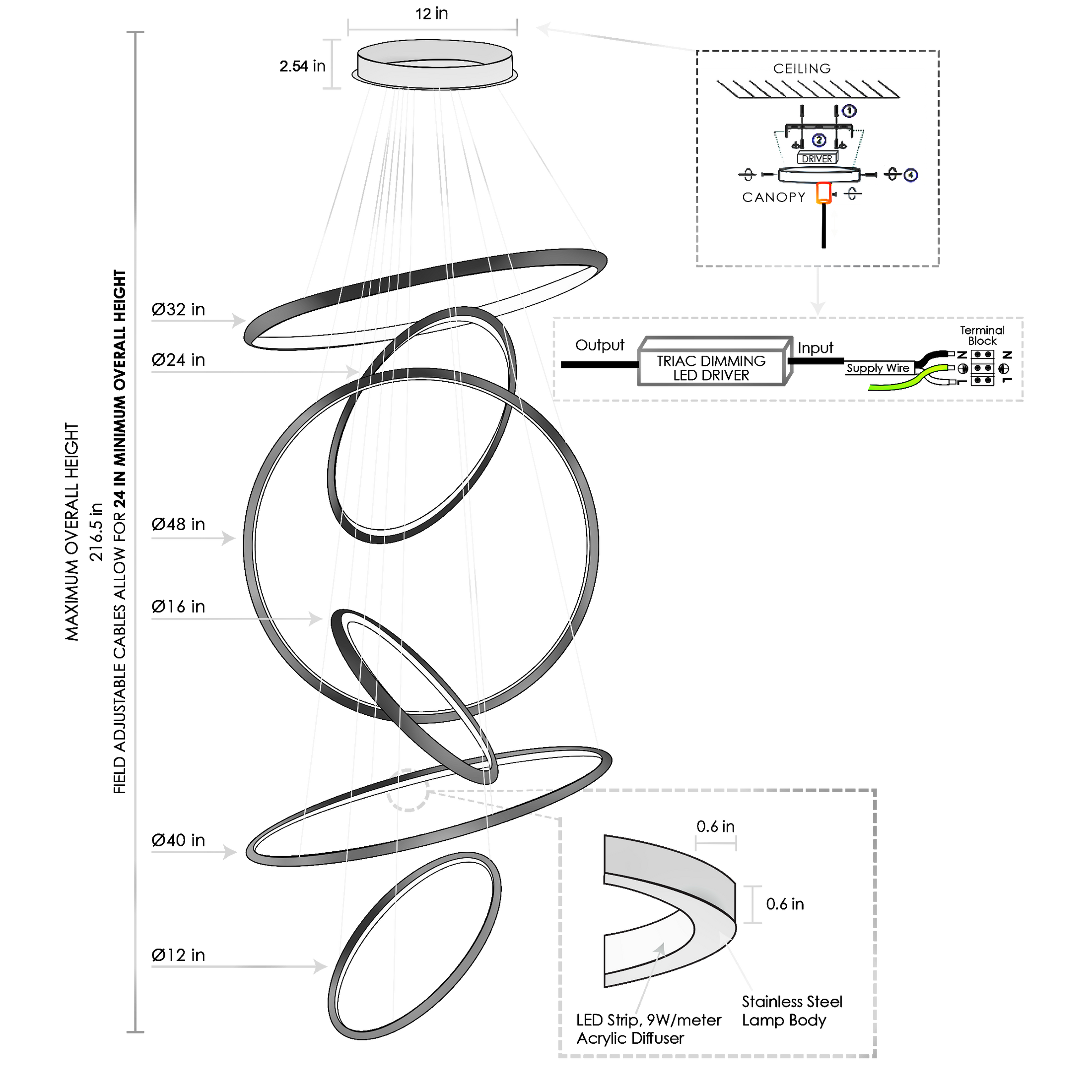 Aria Vertical Chandelier diagram