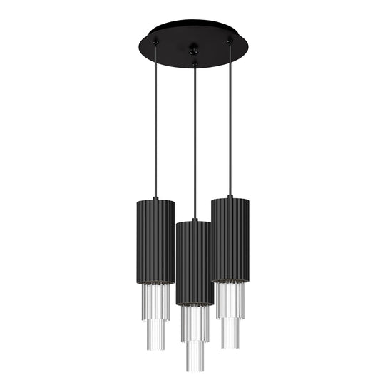 Bordeaux 12-in Matte Black/Clear Ribbed Glass 3-Light Multi Pendant by Alora Lighting | MP502204MBCR-03 | Alora Lighting