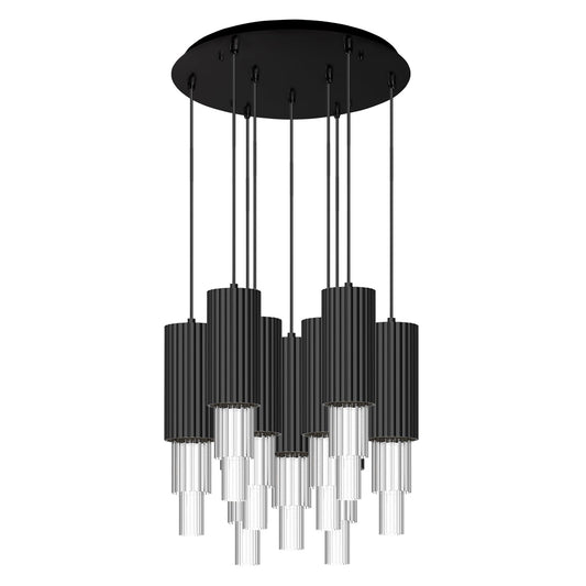 Bordeaux 16-in Matte Black/Clear Ribbed Glass 9-Light Multi Pendant by Alora Lighting | MP502204MBCR-09 | Alora Lighting