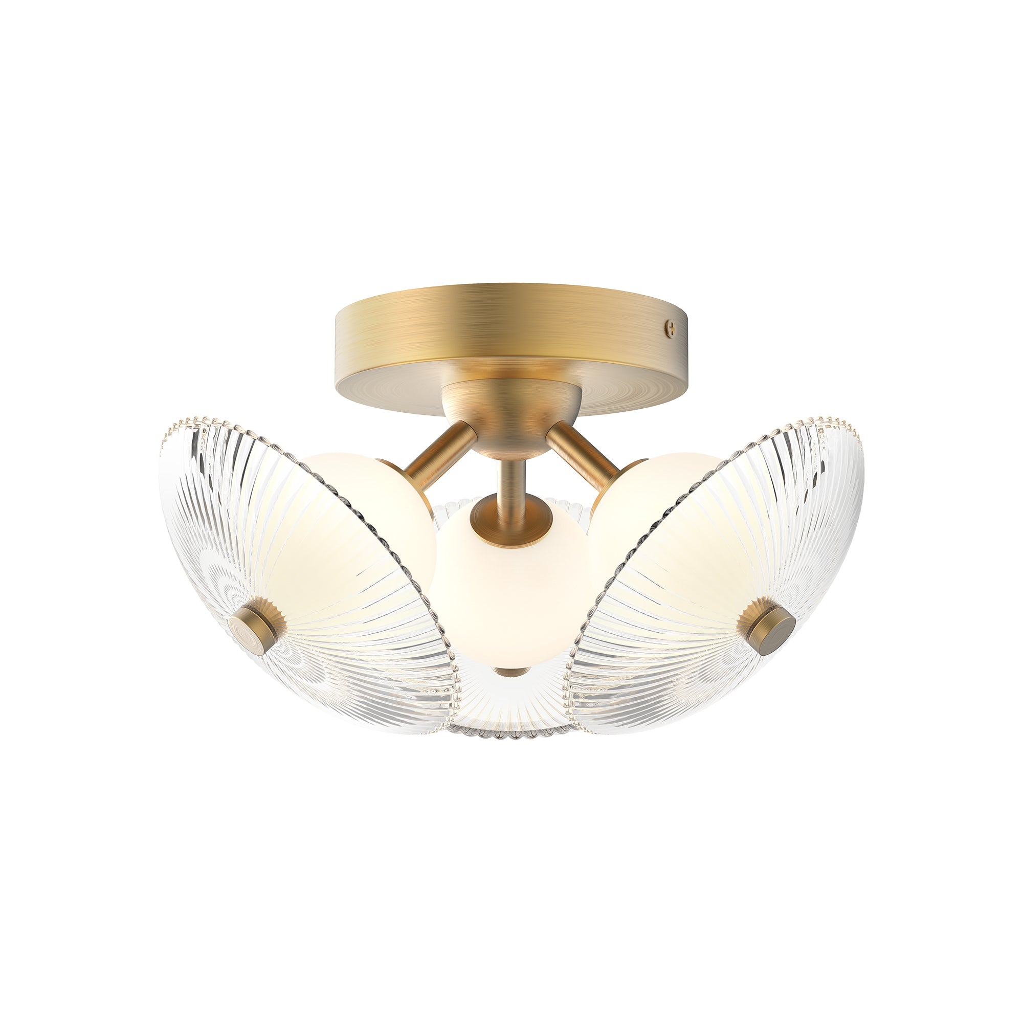 Hera 12-in Brushed Gold/Clear Ribbed Glass LED Flush Mount by Alora Lighting | FM417604BGCR-UNV | Alora Lighting