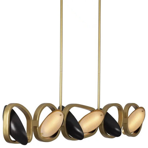 Kalco Modern linear suspension pendant light with gold and black finish on a white background.  Can be adjusted to direct light where needed.