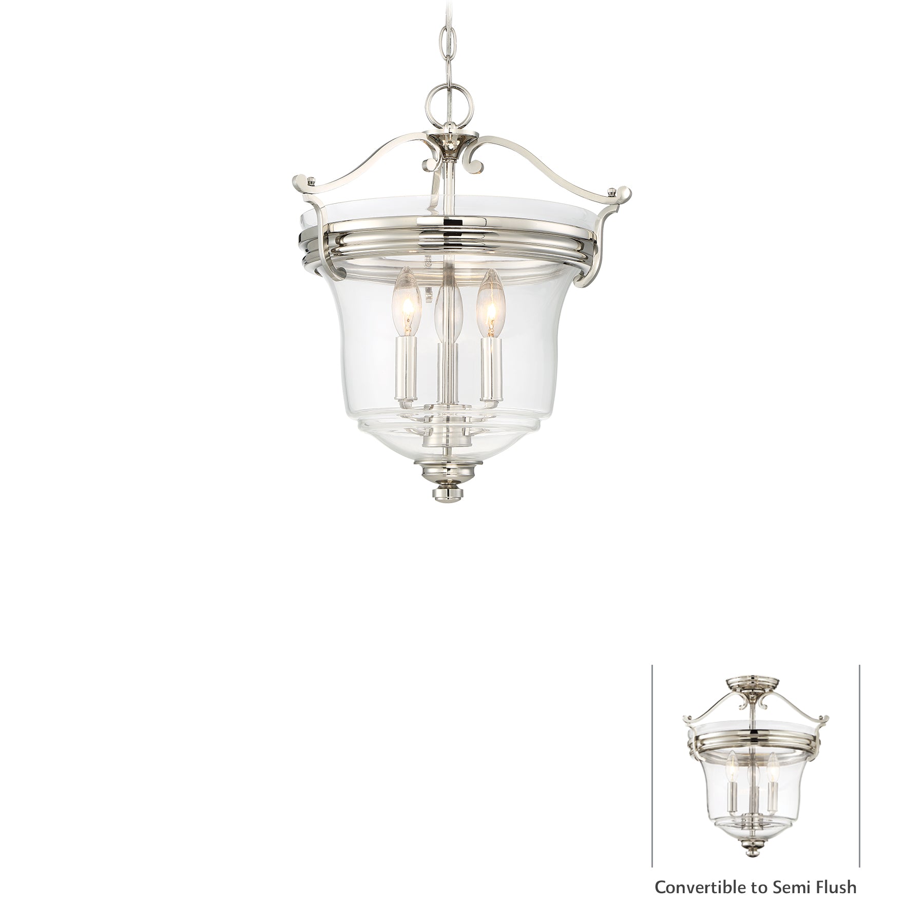 Audrey’s Point 3 Light Pendant in Polished Nickel Finish with Clear Glass (Convertible to Semi Flush) - Minka-Lavery