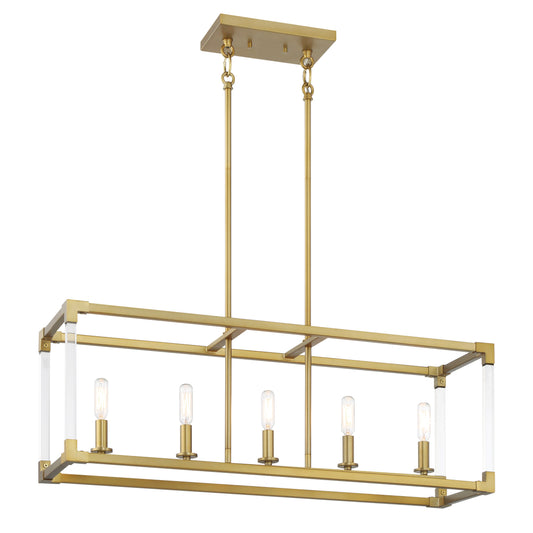 Oro District 5 Light Island in Soft Brass Finish with Clear Acrylic Accents - Minka-Lavery
