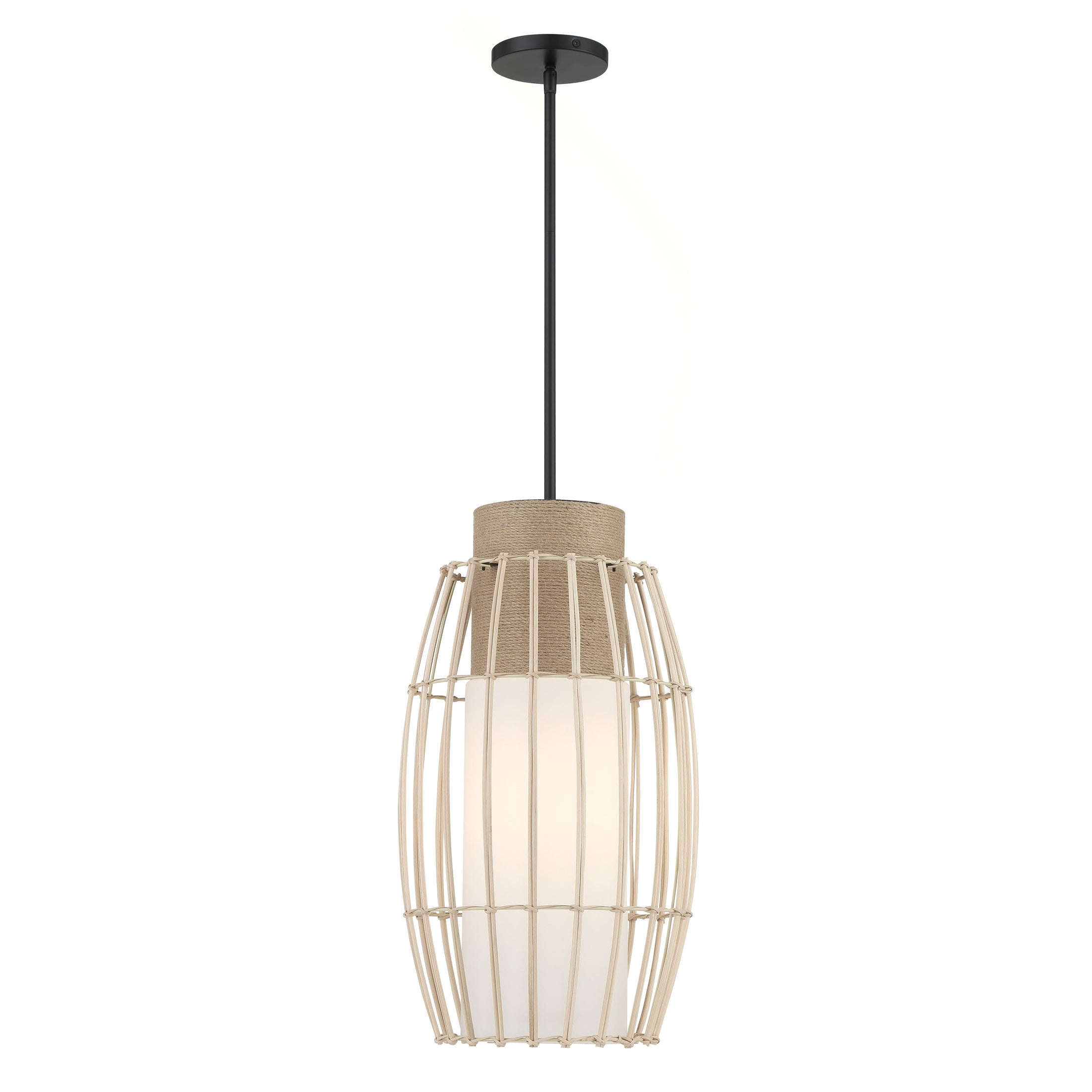 Watermill by Robin Baron 1 Light Pendant in Coal Finish with a Natural Wicker Shade, Natural Rope Accent and Etched Opal Glass, A Robin Baron Design - Minka-Lavery