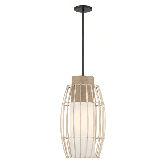 Watermill by Robin Baron 1 Light Pendant in Coal Finish with a Natural Wicker Shade, Natural Rope Accent and Etched Opal Glass, A Robin Baron Design - Minka-Lavery