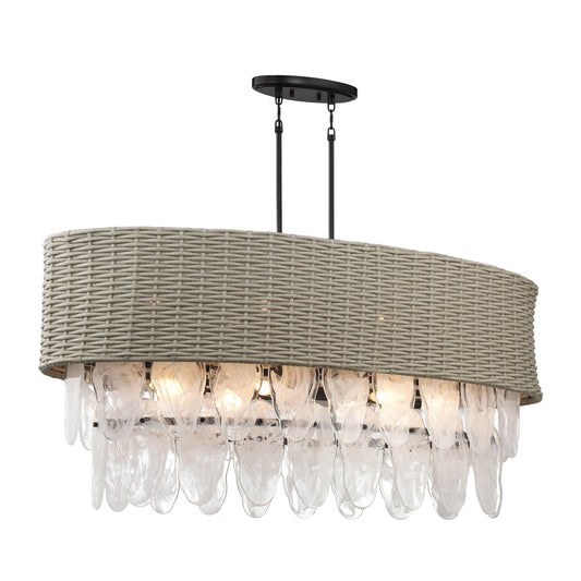 Breakers Isle 12 Light Island with In Coal Finish with Rattan Shade and White Swirl Glass - Minka-Lavery