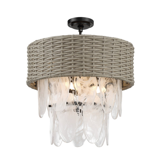 Breakers Isle 6 Light Pendant convertible to Semi Flush in Coal Finish with Rattan Shade and White Swirl Glass - Minka-Lavery
