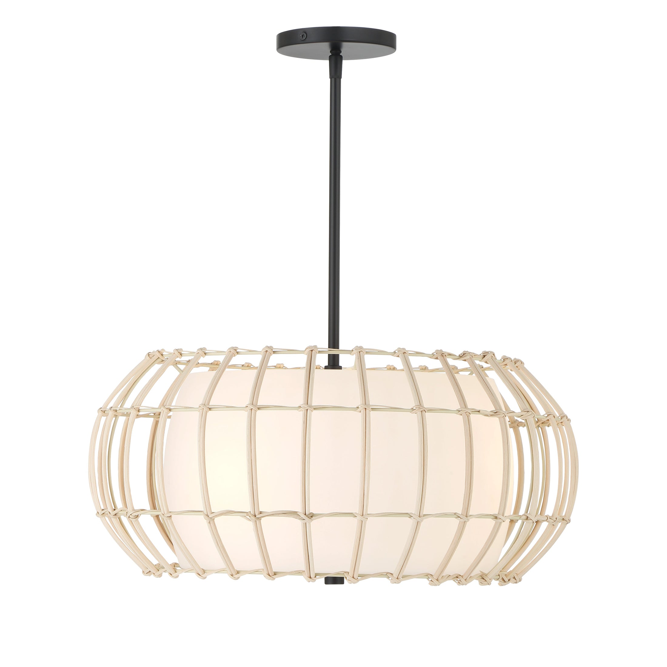 Watermill by Robin Baron 3 Light Pendant in Coal Finish with a Natural Wicker Shade and Etched Opal Glass, A Robin Baron Design - Minka-Lavery