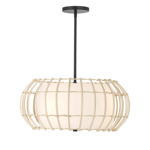 Watermill by Robin Baron 3 Light Pendant in Coal Finish with a Natural Wicker Shade and Etched Opal Glass, A Robin Baron Design - Minka-Lavery