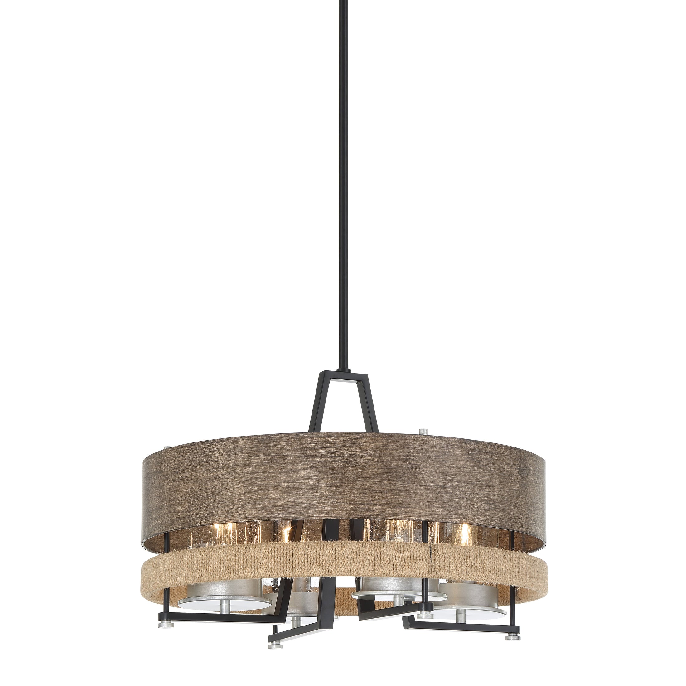Silver Creek 4 Light Outdoor Pendant Convertible to Semi Flush in Stone Grey, Coal and Brushed Nickel with Rope and Clear Seedy Glass - Minka-Lavery