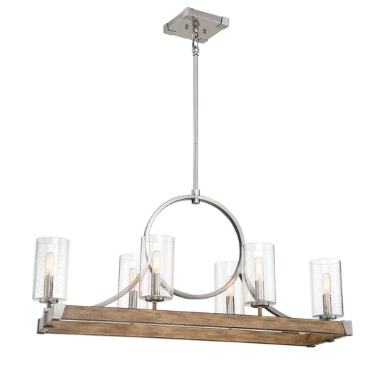 Country Estates 6 Light Island in Sun Faded Wood Finish with Brush Nickel Accents and Seeded Glass - Minka-Lavery