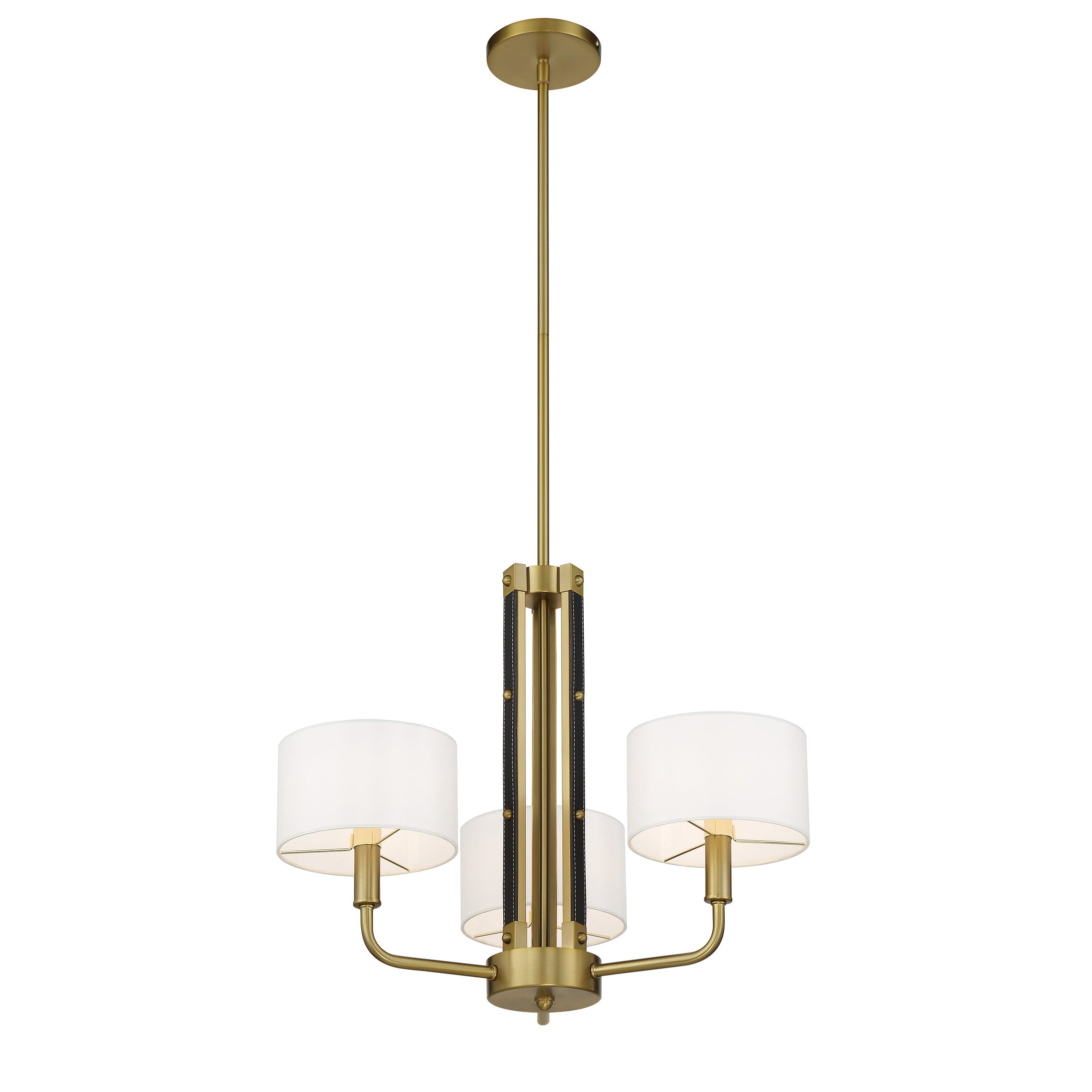 Chelsea by Robin Baron 3 Light Chandelier in Soft Brass Finish with White Silk Shades and Leather Accents, a Robin Baron Design - Minka-Lavery