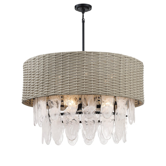 Breakers Isle 9 Light Pendant in Coal Finish with Rattan Shade and White Swirl Glass - Minka-Lavery