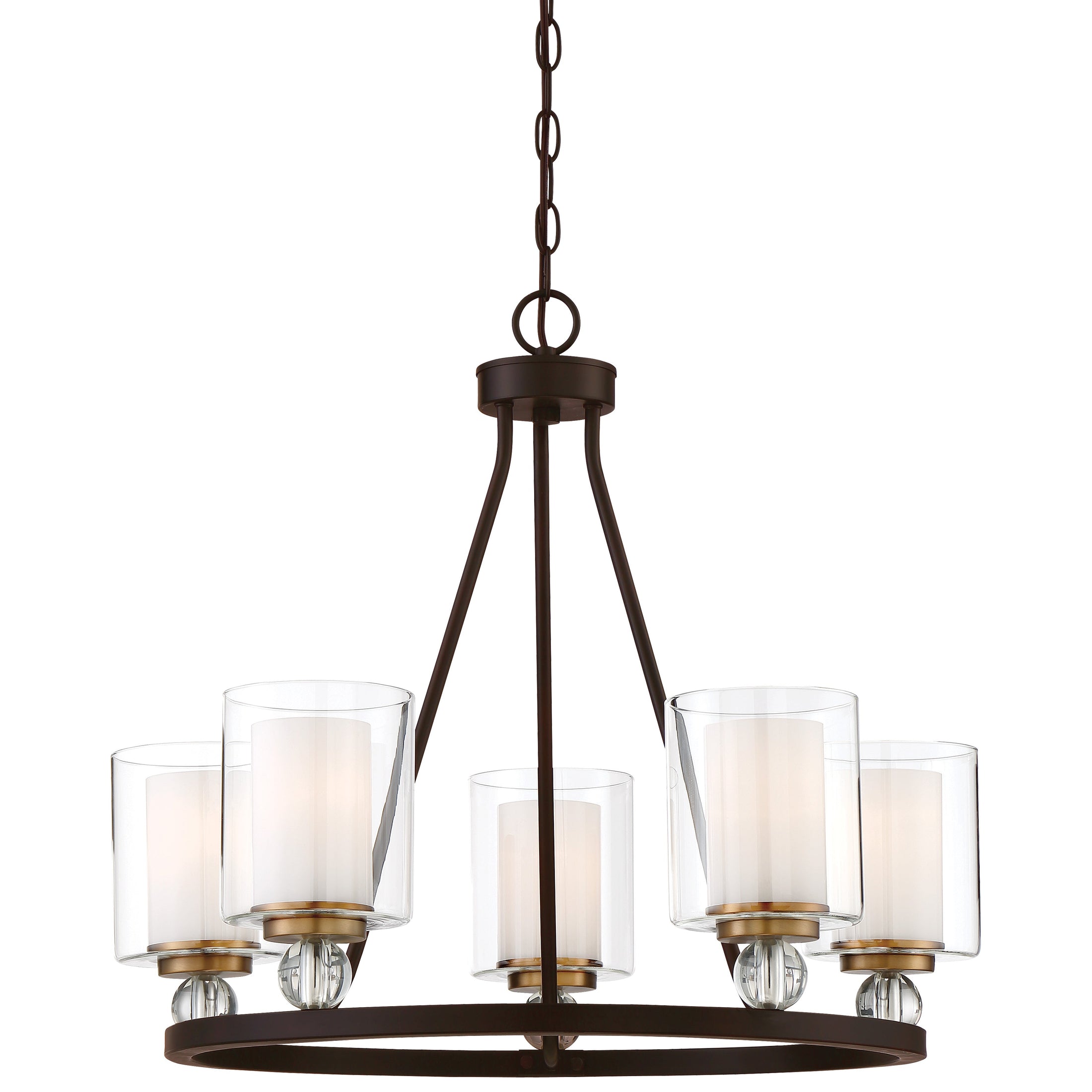 Studio 5 5 Light Chandelier in Painted Bronze with Natural Brushed Brass Clear Glass with Removable Interior Etched White Glass - Minka-Lavery