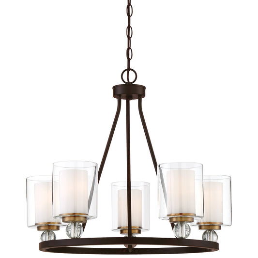 Studio 5 5 Light Chandelier in Painted Bronze with Natural Brushed Brass Clear Glass with Removable Interior Etched White Glass - Minka-Lavery