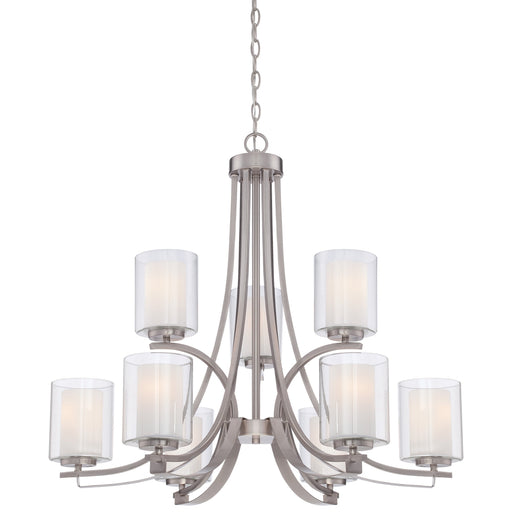 Parsons Studio 9 Light Chandelier in Brushed Nickel Finish with Clear and Etched White Glass - Minka-Lavery