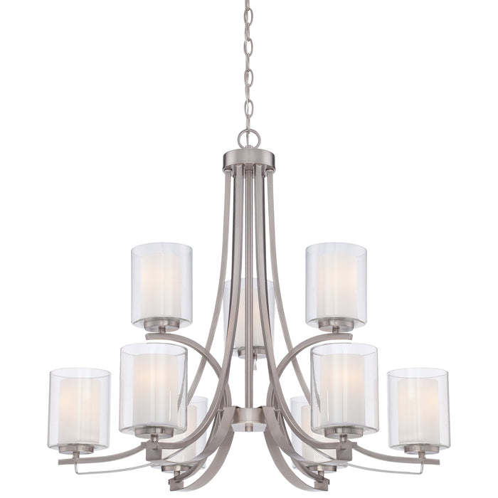 Parsons Studio 9 Light Chandelier in Brushed Nickel Finish with Clear and Etched White Glass - Minka-Lavery