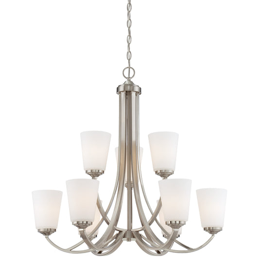 Overland Park 2 Tier 9 Light Chandelier in Brushed Nickel with Etched White Glass - Minka-Lavery
