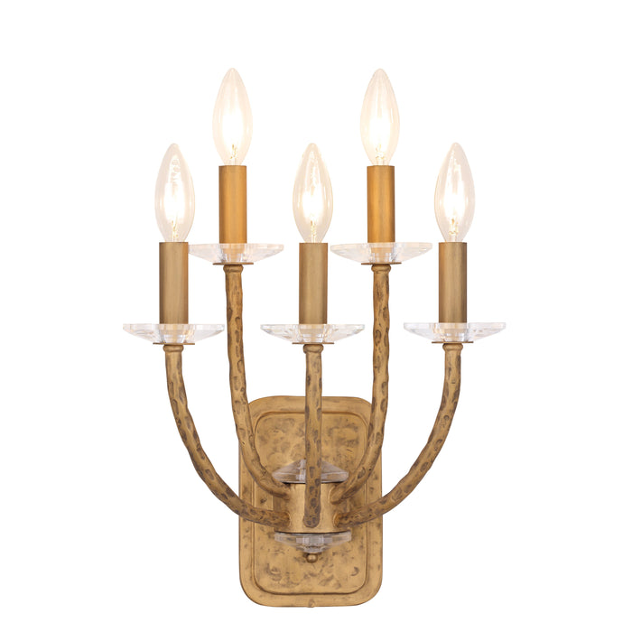 Atella 5 Light Wall Scone in Ashen Gold with Hammered Arms and Back Plate and Clear Faceted Crystal Accent Bobeche - Minka-Lavery