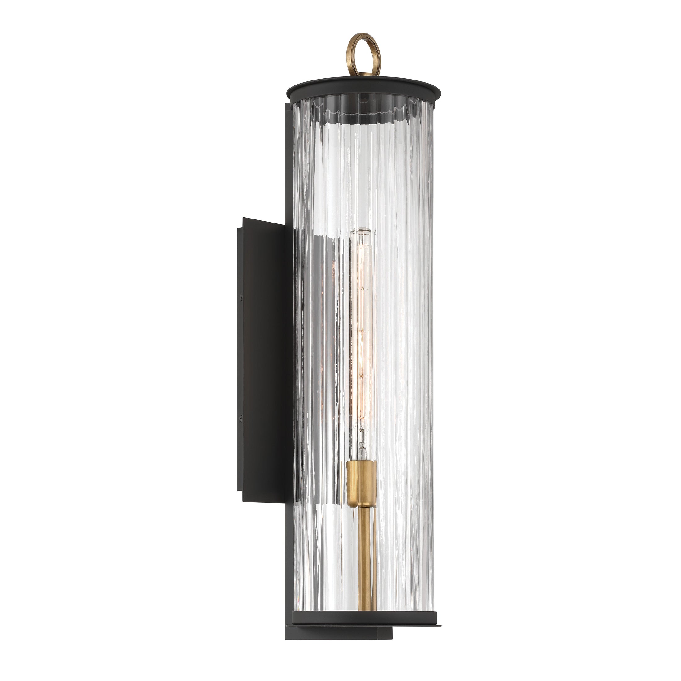 Cara 1-Light Outdoor Wall Sconce - Dark Matte Black and Painted Legacy Brass with Clear Ribbed Glass - Minka-Lavery