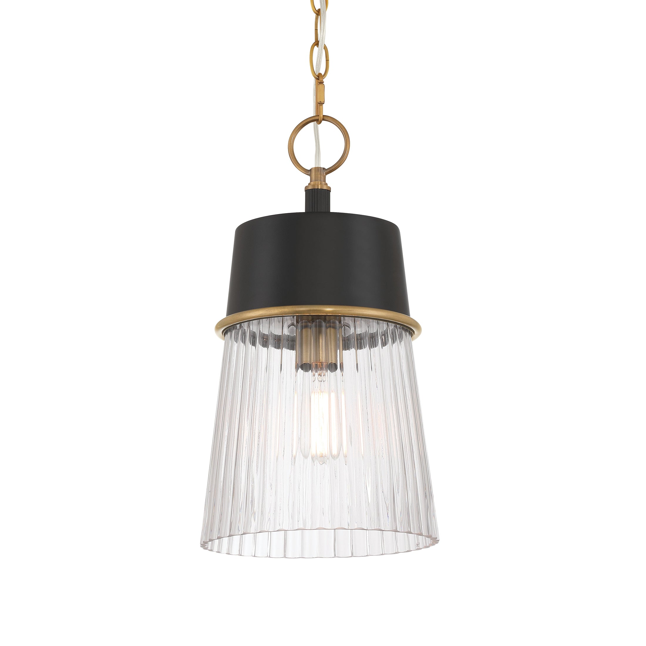 Stamford 1-Light Pendant - Dark Matte Black and Legacy Brass with Clear Ribbed Glass - Minka-Lavery