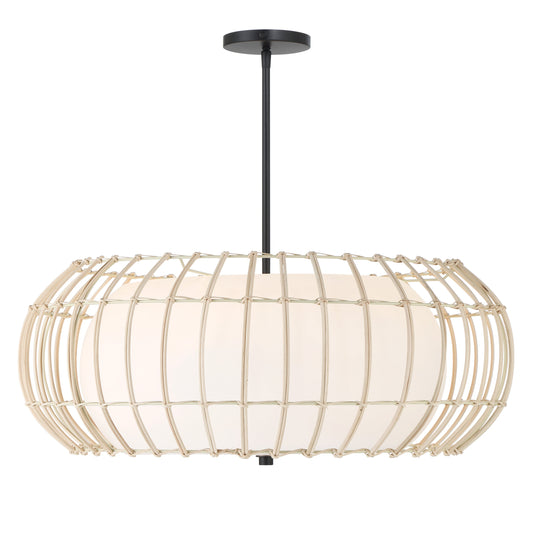 Watermill by Robin Baron 4 Light Pendant in Coal Finish with a Natural Wicker Shade and Etched Opal Glass, A Robin Baron Design - Minka-Lavery