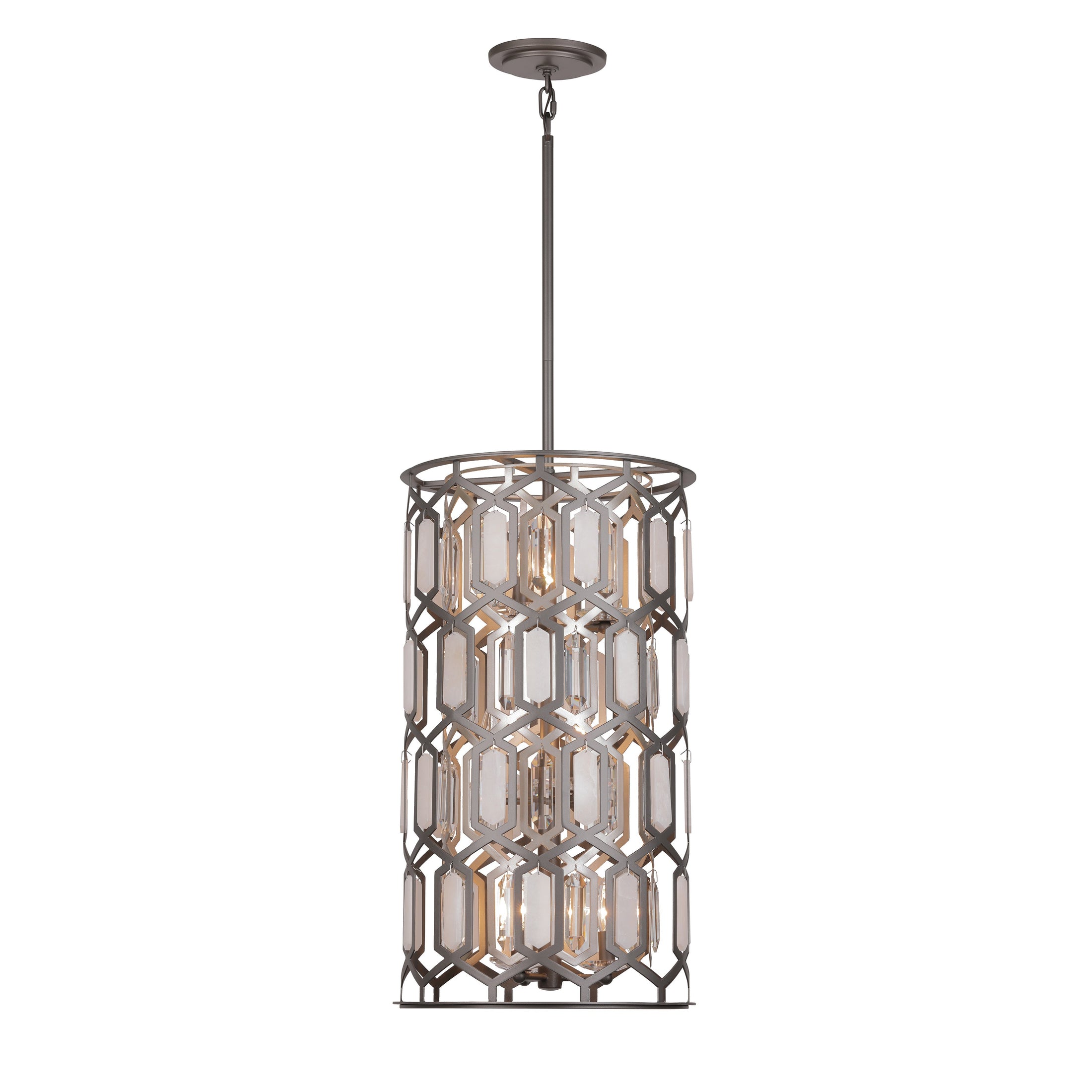Hexly 9 Light Foyer Pendant in Bronze and Sultry Silver Finish with Clear Crystal and Alabaster Stone Accents - Minka-Lavery