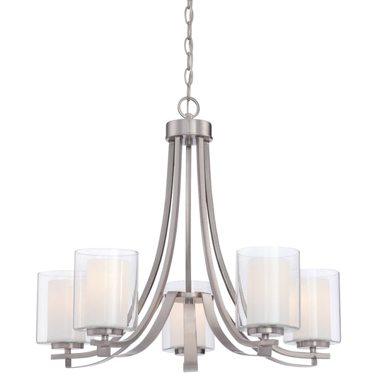 Parsons Studio 5 Light Chandelier in Brushed Nickel Finish with Clear and Etched White Glass - Minka-Lavery