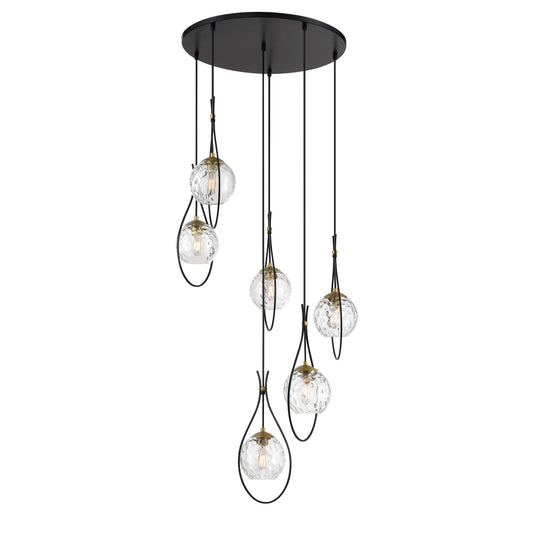 Cody 6 Light Pan Pendant in Coal and Soft Brass Finish with Clear Water Glass - Minka-Lavery