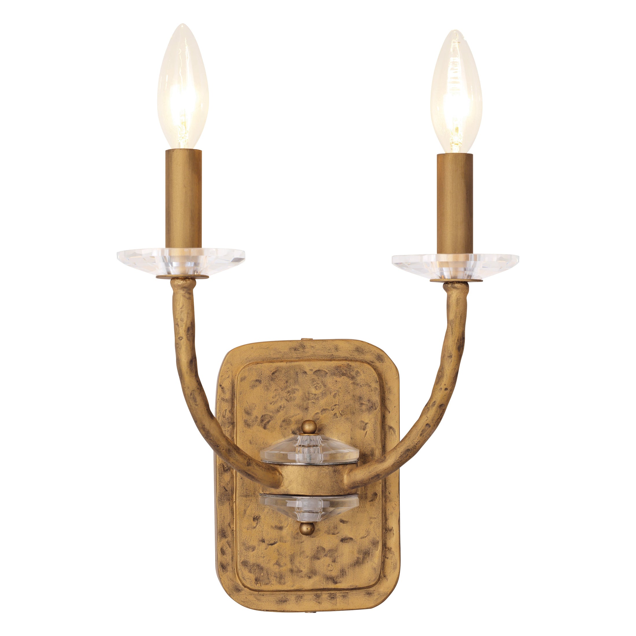Atella 2 Light Wall Sconce in Ashen Gold with Hammered Arms and Back Plate and Clear Faceted Crystal Accent Bobeche - Minka-Lavery
