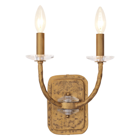 Atella 2 Light Wall Sconce in Ashen Gold with Hammered Arms and Back Plate and Clear Faceted Crystal Accent Bobeche - Minka-Lavery