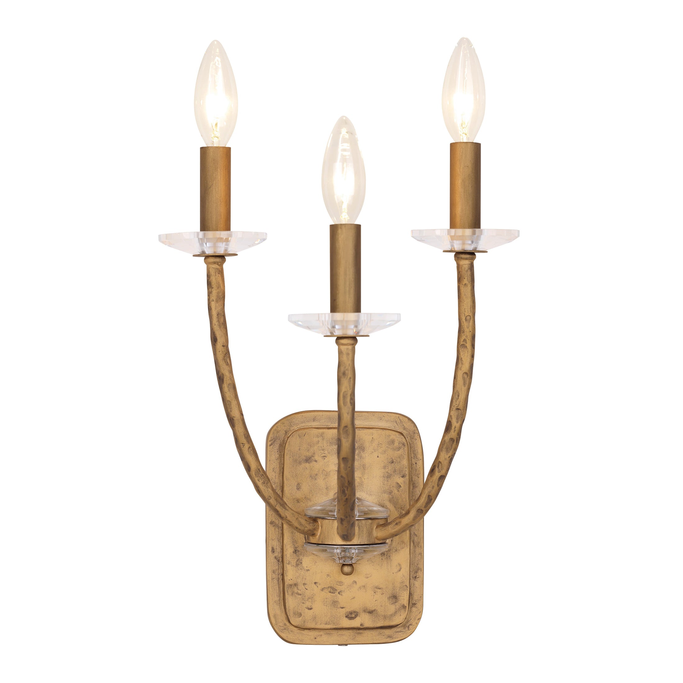 Atella 3 Light Wall Sconce in Ashen Gold with Hammered Arms and Back Plate and Clear Faceted Crystal Accent Bobeche - Minka-Lavery