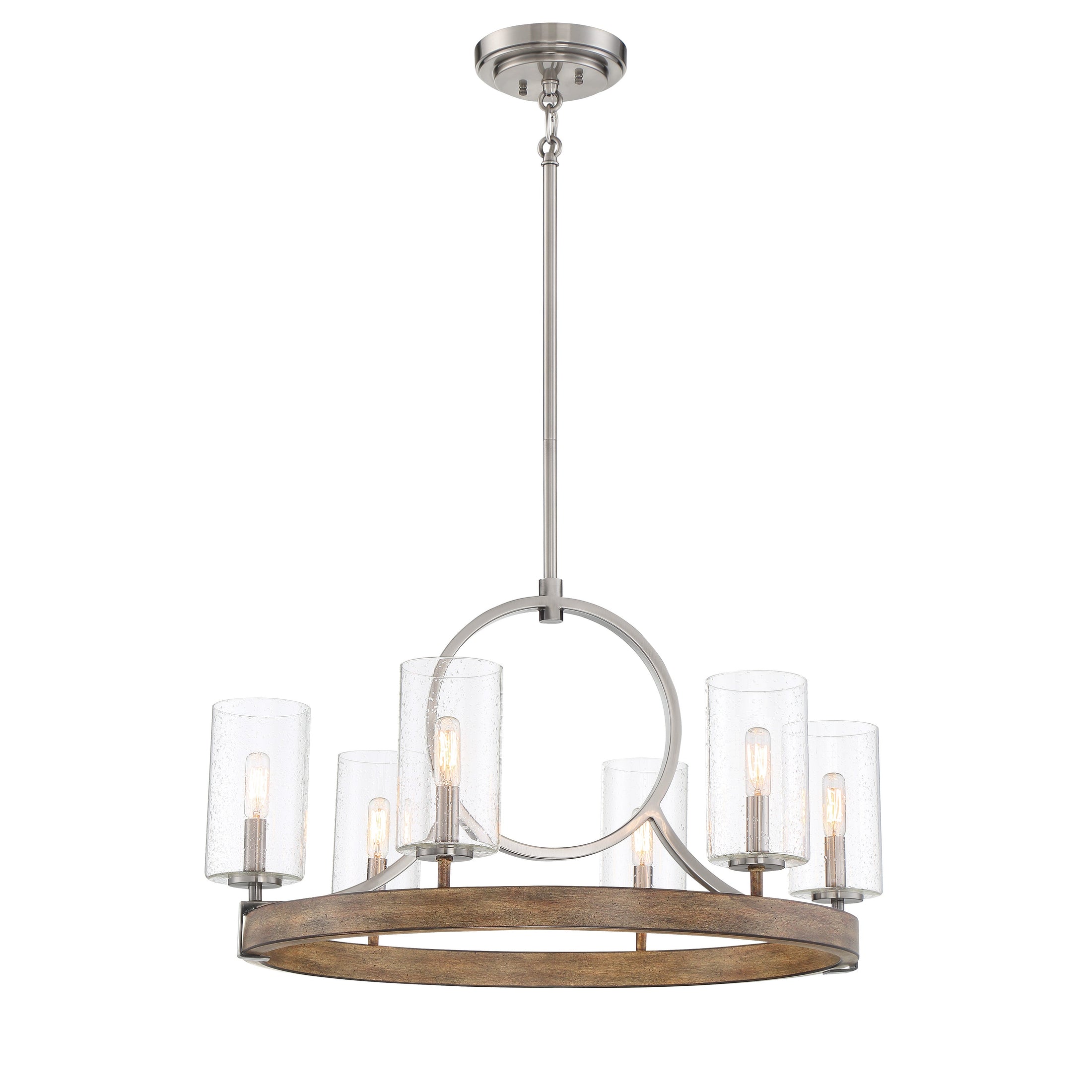 Country Estates Chandelier, Sun Faded Wood with Brush Nickel Accents, 6 Light, 60W Candelabra Base, Seeded Glass shade - Minka-Lavery