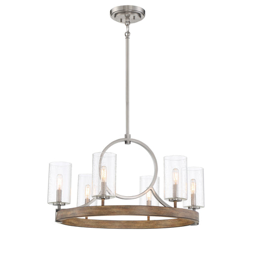 Country Estates Chandelier, Sun Faded Wood with Brush Nickel Accents, 6 Light, 60W Candelabra Base, Seeded Glass shade - Minka-Lavery