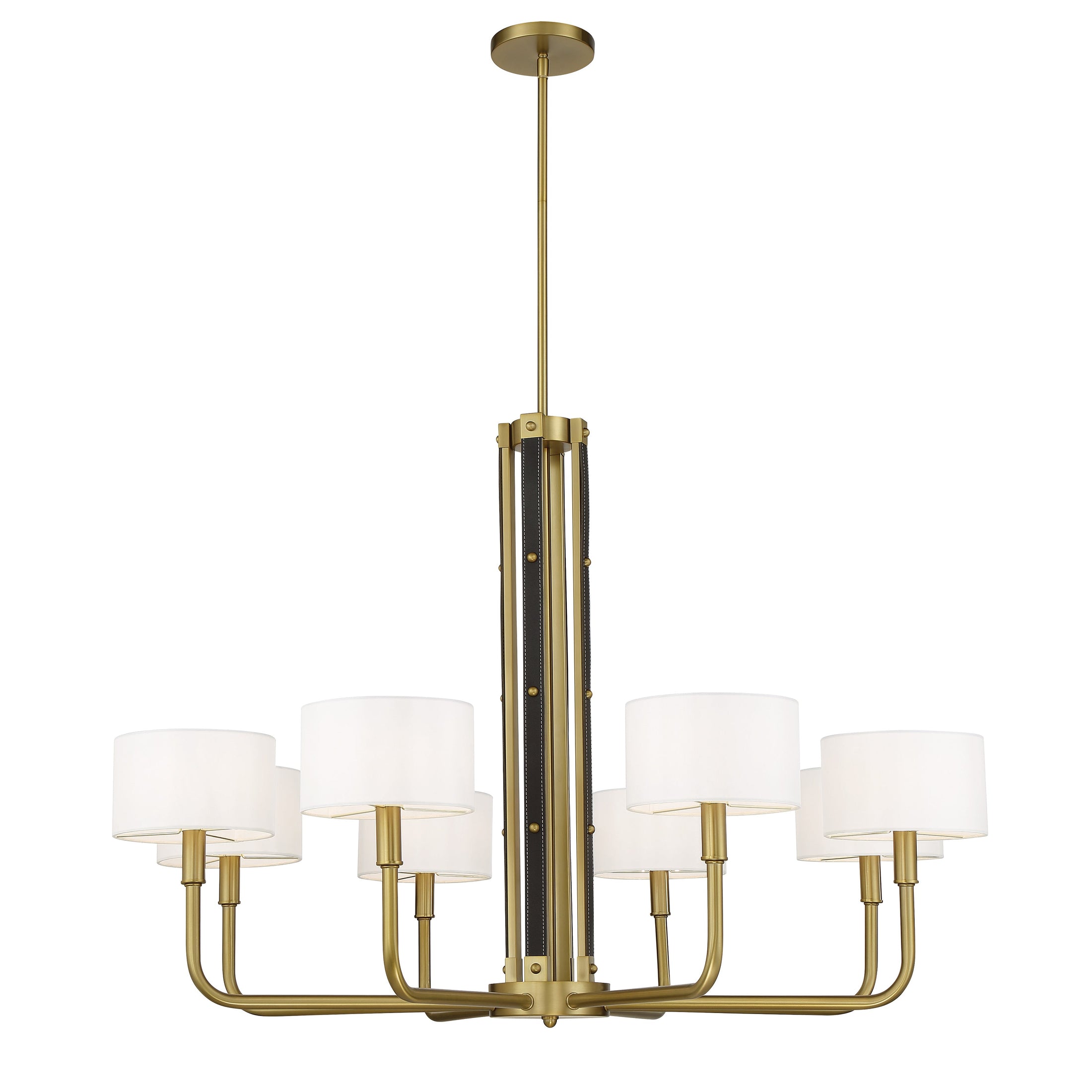 Chelsea by Robin Baron 8 Light Chandelier in Soft Brass Finish with White Silk Shades and Leather Accents, a Robin Baron Design - Minka-Lavery