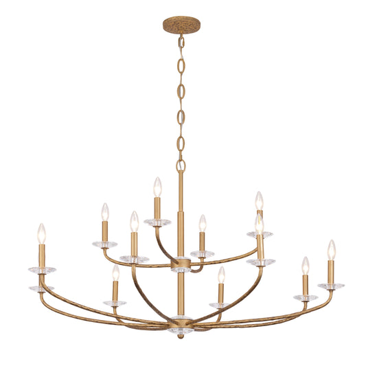 Atella 12 Light Chandelier in Ashen Gold with Hammered Arms and Canopy and Clear Faceted Crystal Accent Bobeche - Minka-Lavery