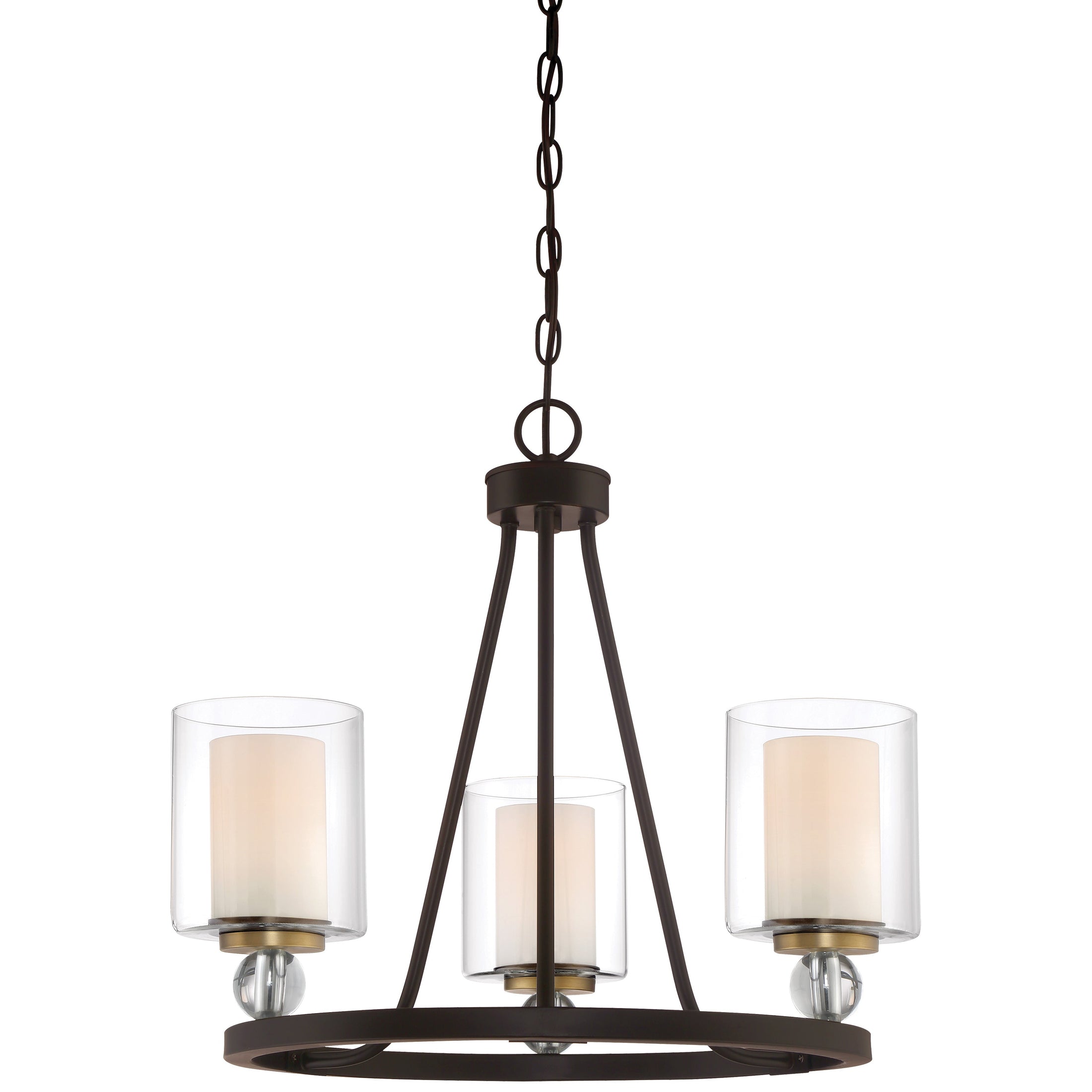 Studio 5 3 Light Mini Chandelier - Painted Bronze with Natural Brushed Brass - Clear Glass - Interior Etched White Glass - Minka-Lavery