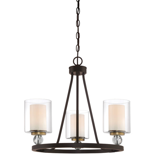 Studio 5 3 Light Mini Chandelier - Painted Bronze with Natural Brushed Brass - Clear Glass - Interior Etched White Glass - Minka-Lavery