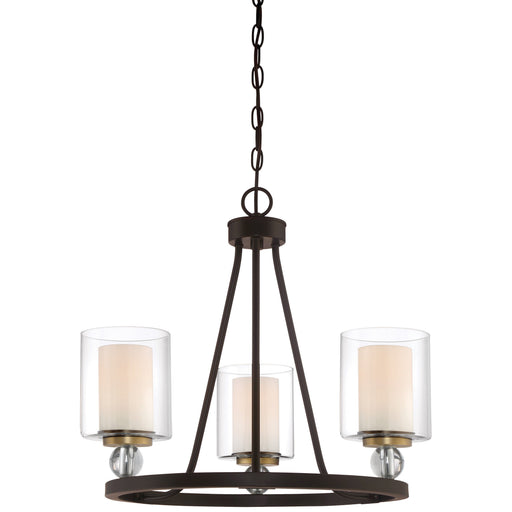 Studio 5 3 Light Mini Chandelier - Painted Bronze with Natural Brushed Brass - Clear Glass - Interior Etched White Glass - Minka-Lavery