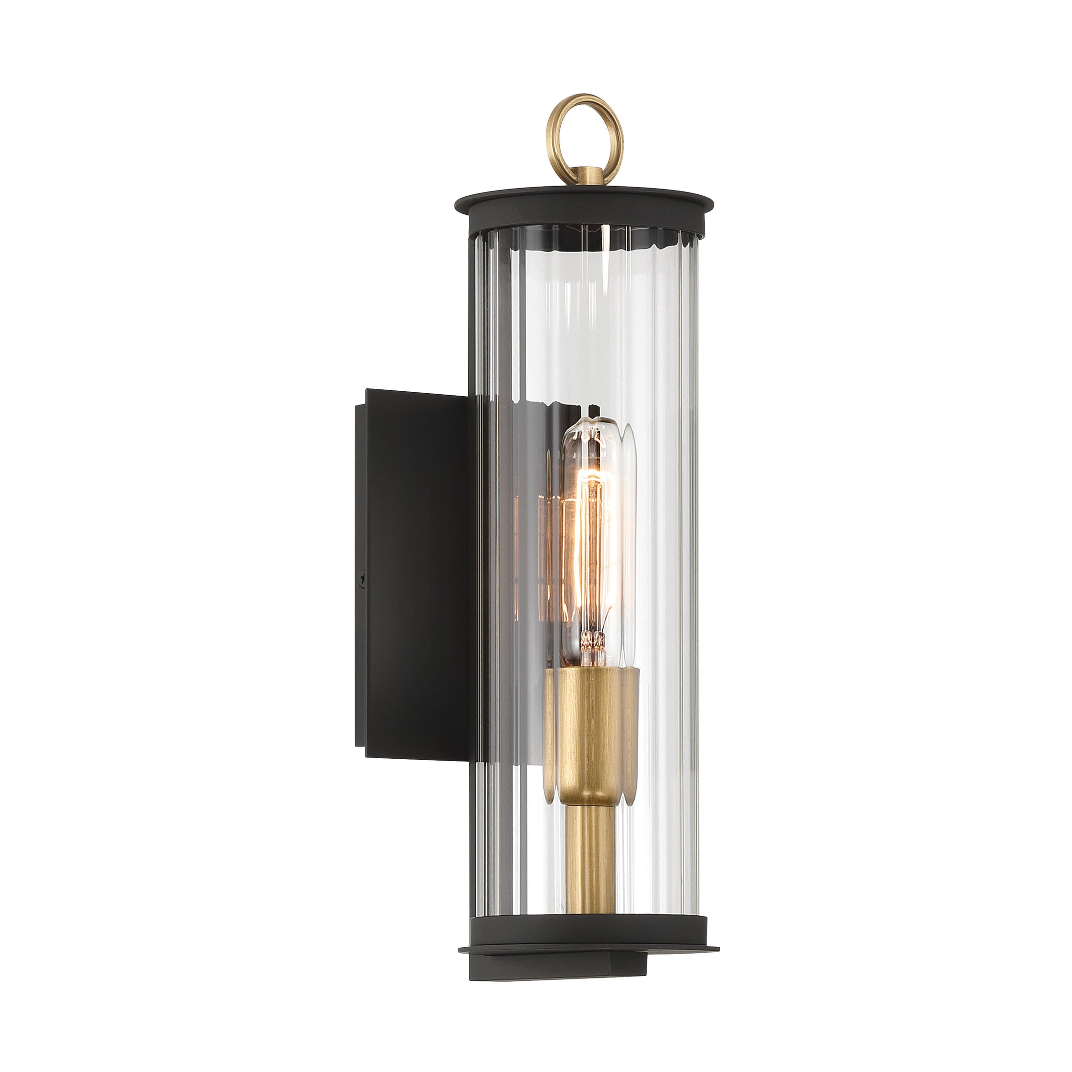 Cara 1-Light Outdoor Wall Sconce - Dark Matte Black and Painted Legacy Brass with Clear Ribbed Glass - Minka-Lavery