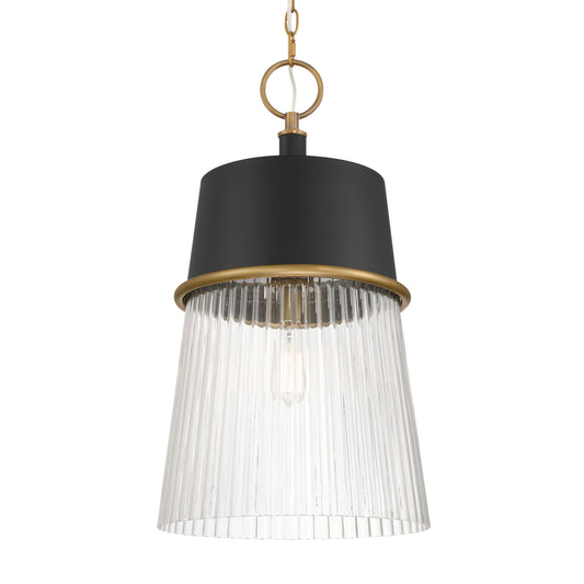 Stamford 1-Light Pendant - Dark Matte Black and Legacy Brass with Clear Ribbed Glass - Minka-Lavery