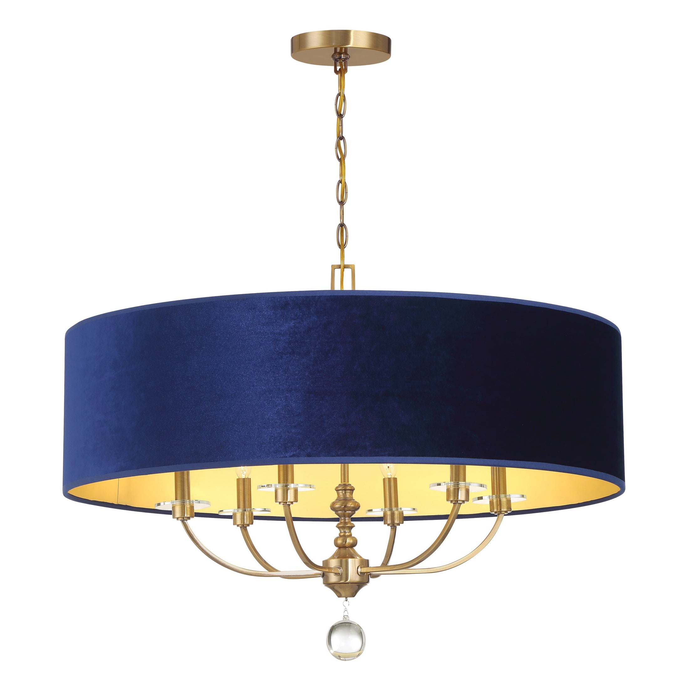 Van Noord 6 Light Pendant in Oxidized Aged Brass with Blue Velvet Shade and Decorative Crystal Ball - Minka-Lavery